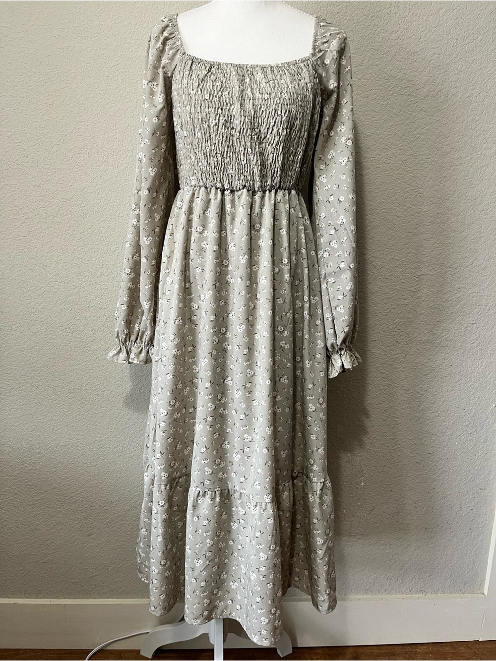 Flower & Feather Sage Green Floral Long Puffed Sleeve Boho Cottagecore Dress